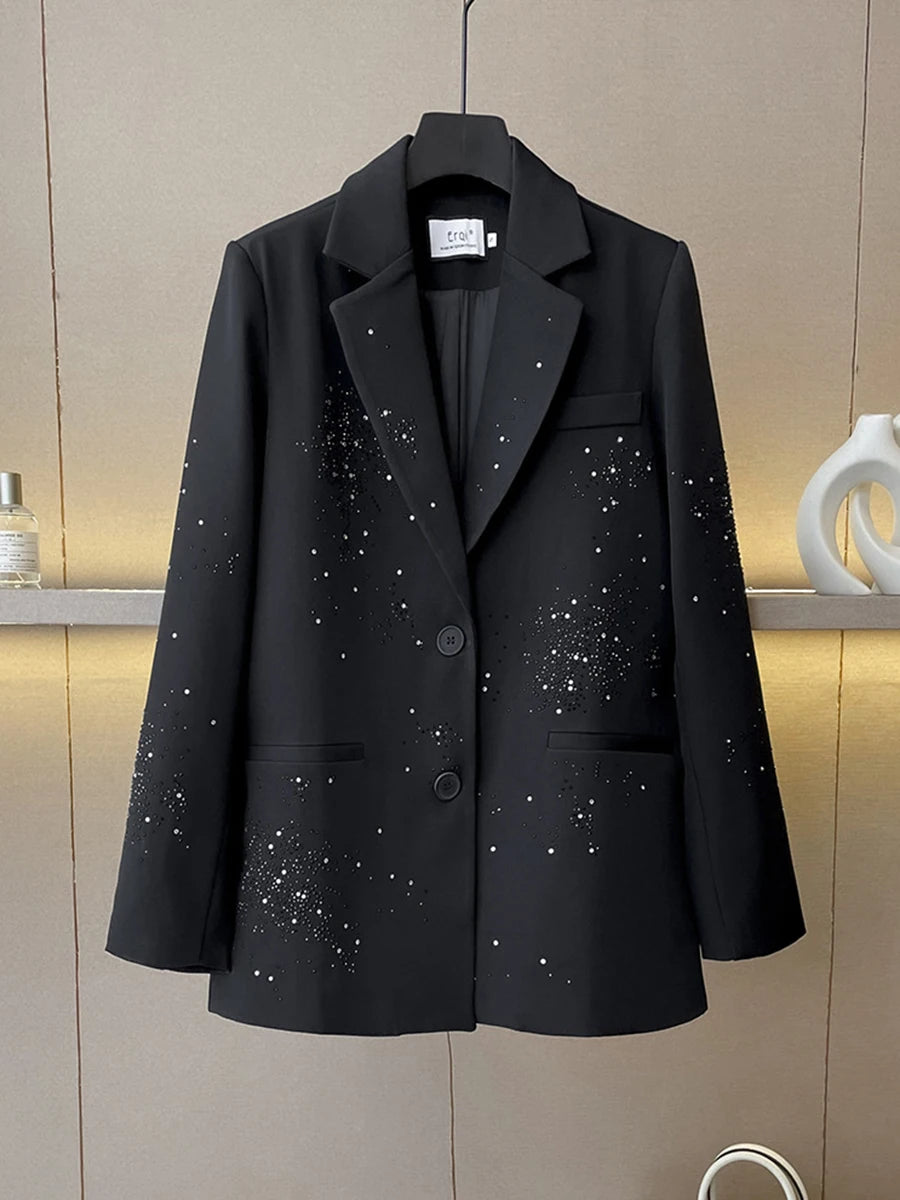 Solid Loose Spliced Bead Fashion Blazers for Women Lapel Long Sleeves Patchwork Single Breasted Blazer Female New BLACK