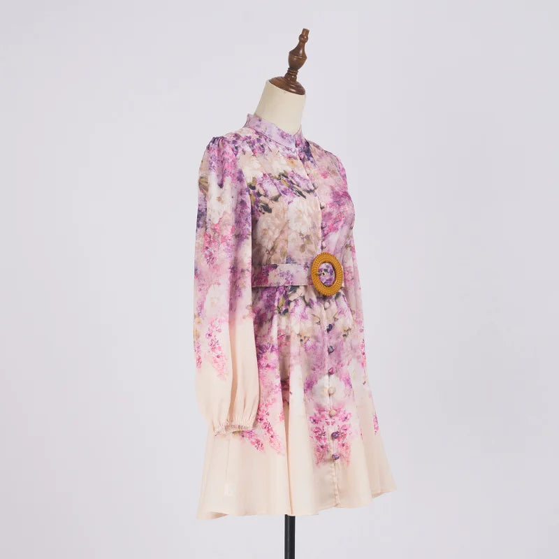 Real Shot Spot Niche Style Sleeve Single-Breasted Positioning Printing Women's Belt Pocket Short Skirt Large Swing Skirt