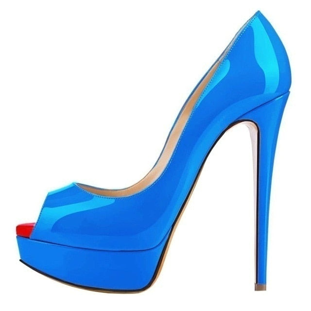 Women Pumps Sexy Platform Peep Toe 14cm Extremely High Heels Woman Patent Leather Nighclub Red Wedding Shoes Gradient Stiletto