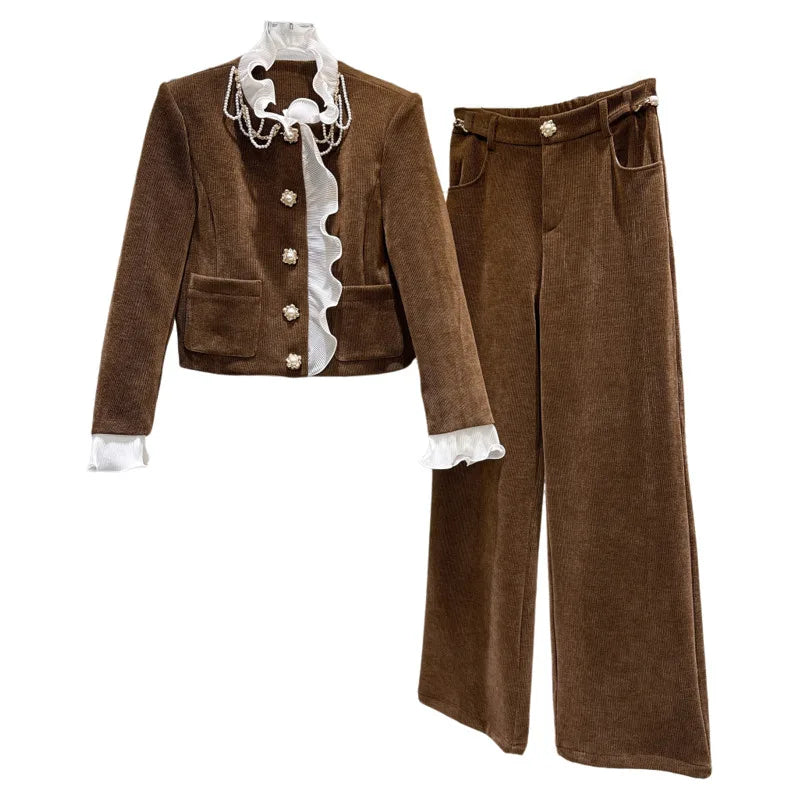 Winter New Fashion New Style Pearl Chain Cotton Jacket Corduroy Straight Pants Two-pieces Set For Women 11A07593