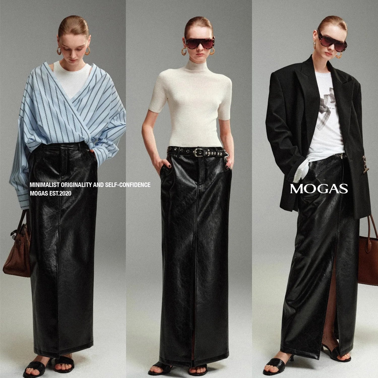 Lautaro Spring Autumn Shiny Black Pu Leather Maxi Skirt Women with Front Slit High Waist Extra Long Luxury Designer Clothes 2025