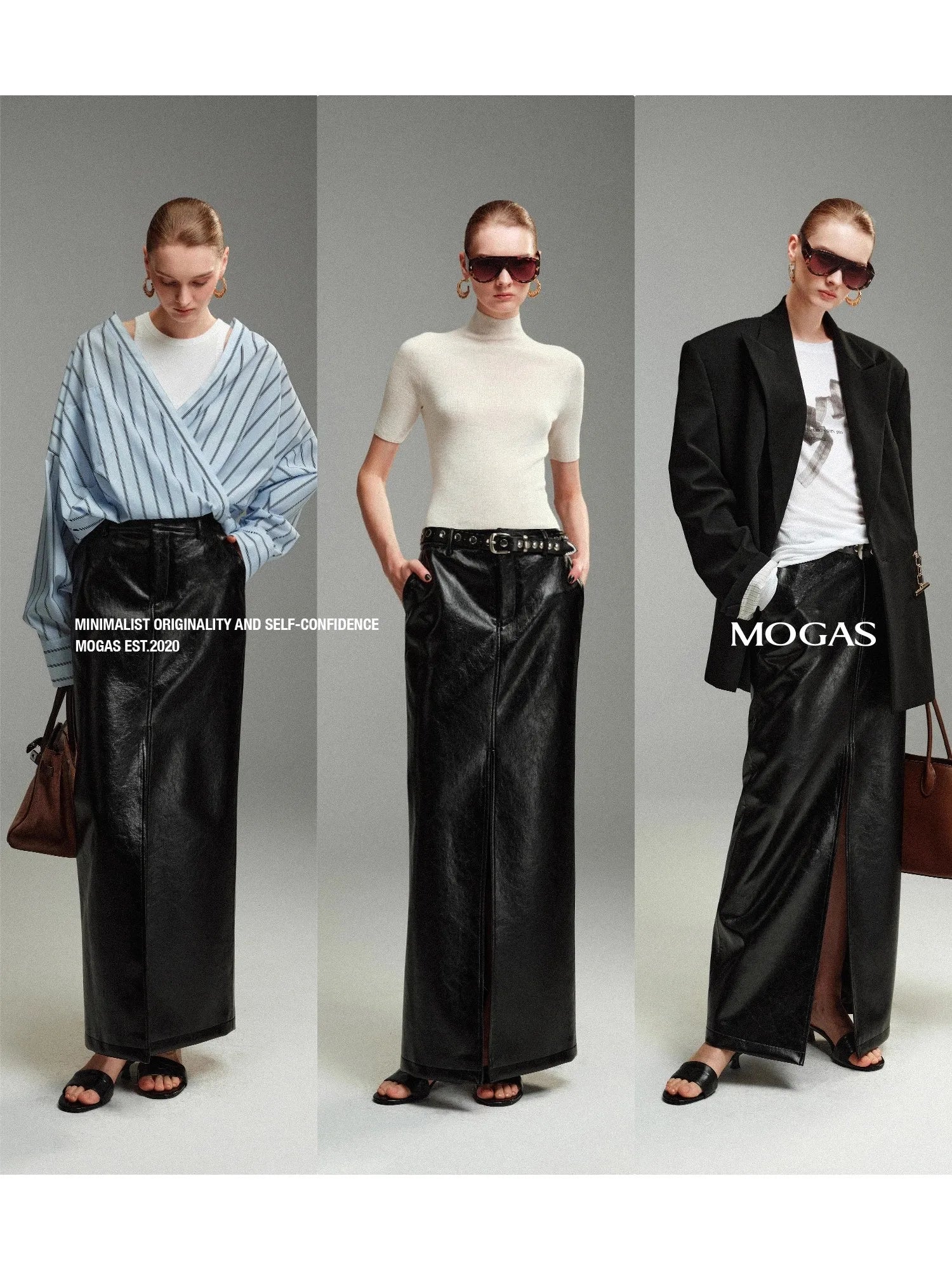 Lautaro Spring Autumn Shiny Black Pu Leather Maxi Skirt Women with Front Slit High Waist Extra Long Luxury Designer Clothes 2025