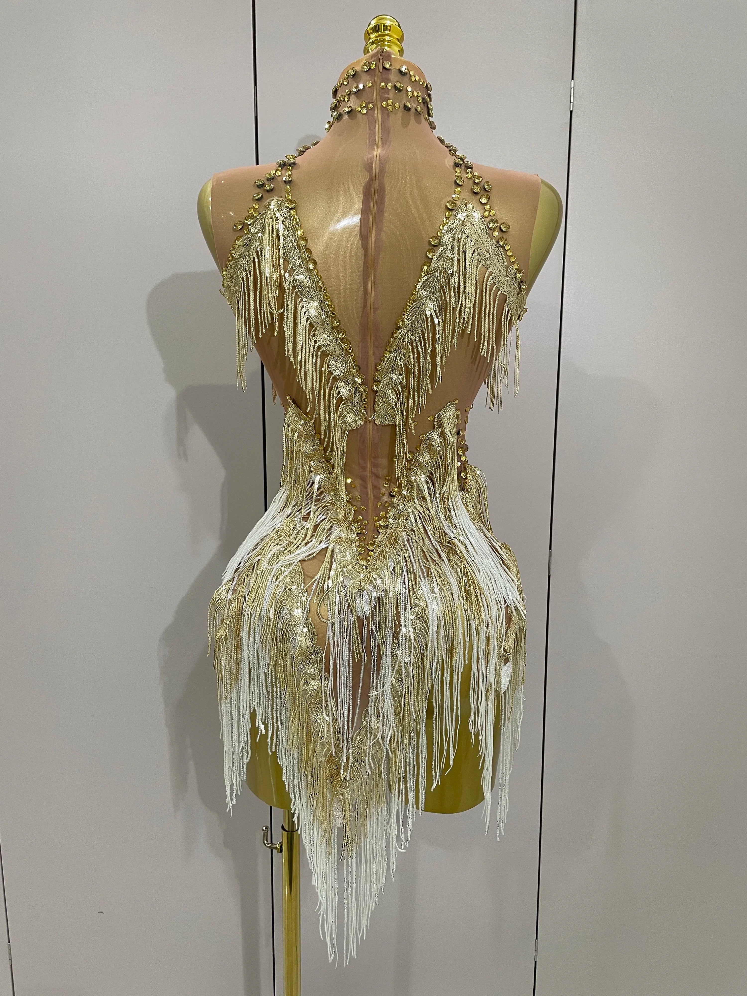 Women Sexy Stretch Mesh Sparkly Rhinestone Tassels Mini Dress Nightclub Singer Dance Stage Costume Evening Gowns