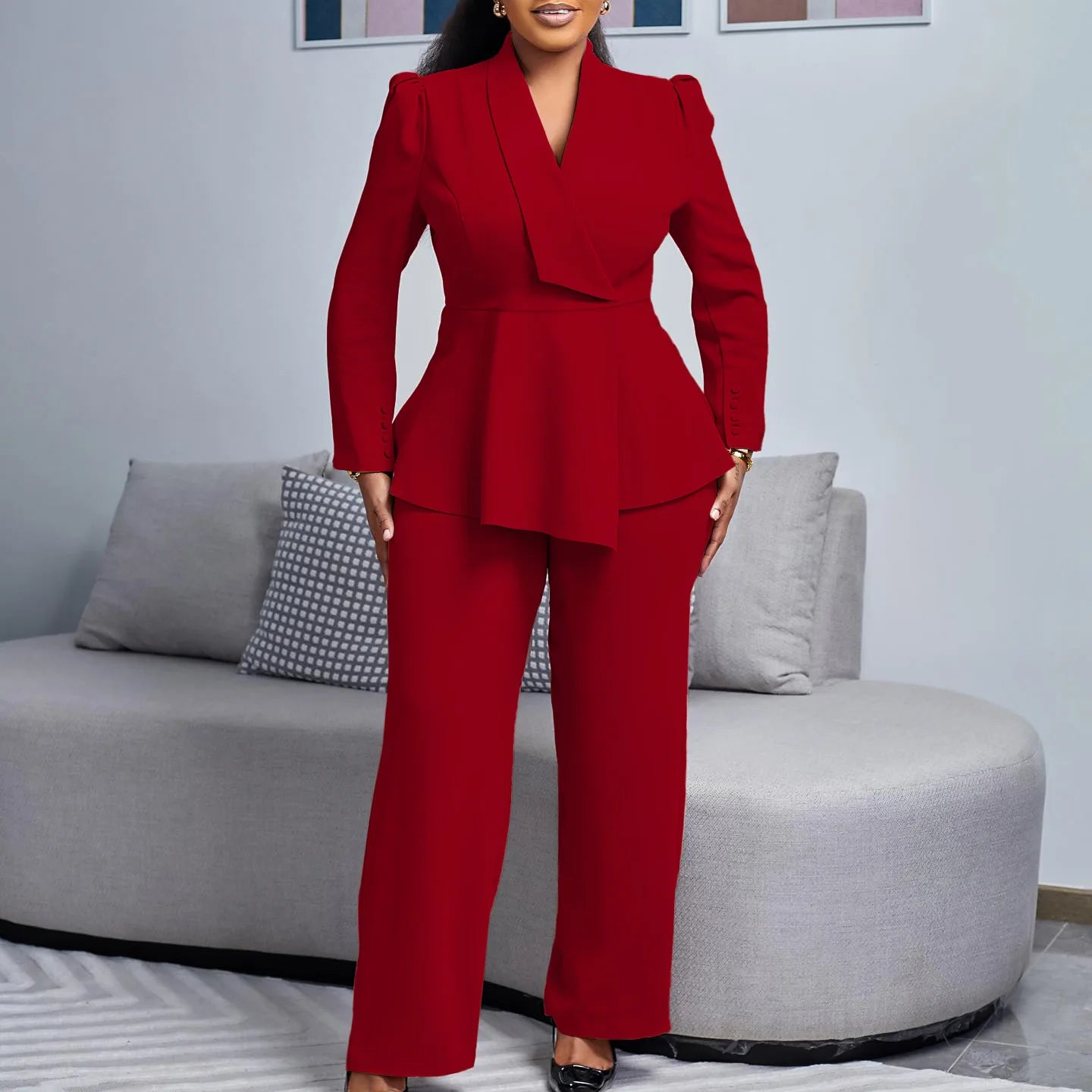 2 Piece Women Sets 2025 Plus Size Spring Autumn Matching Sets Red Two Pieces Sets Top Pants Suits Outfits Clothing Burgundy