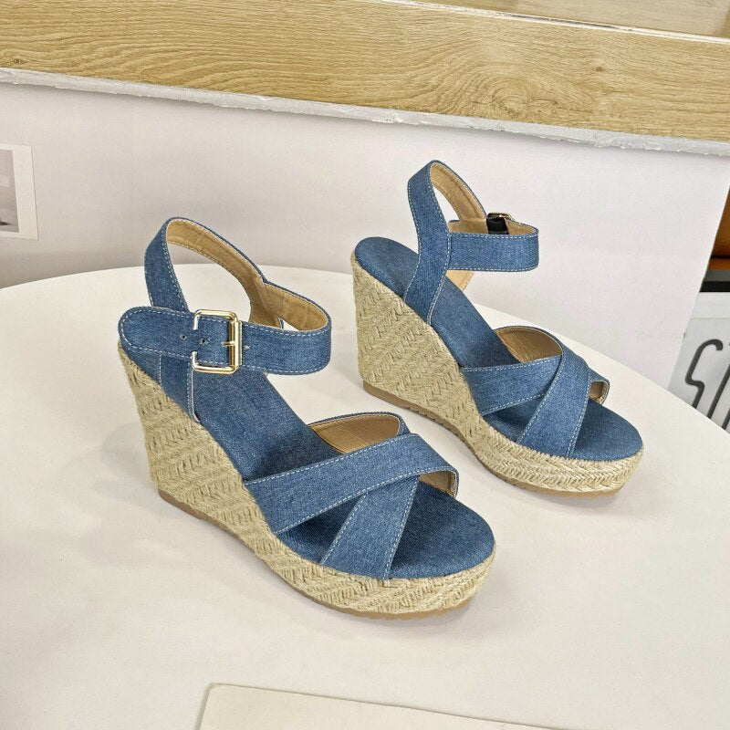 Wedge Sandals for Women 2024 Ankle Strappy Cute Shoes Open Toe Platform Womens Sandals Casual Summer High Heels Blue