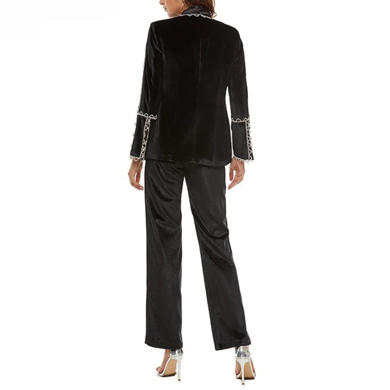 Solid Spliced Bead Three Piece Sets for Women Lapel Long Sleeves Top V Neck Sleeveless Vest Long Pants Set Female