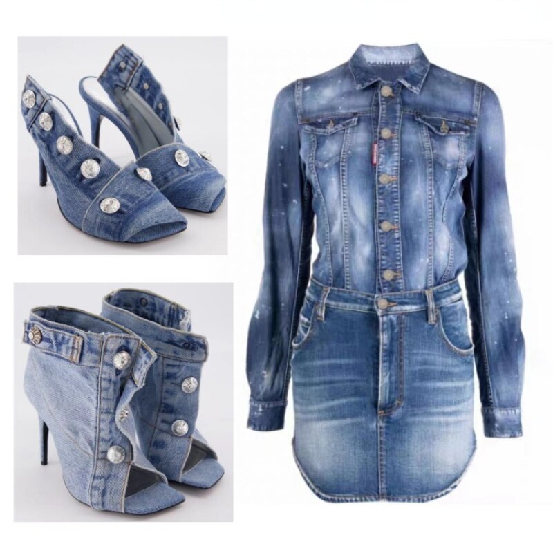 Summer Brand New Pocket Design Fashion Denim High Heel Sandals Popular Charming Woman Shoes Comfort Slippers Big Size