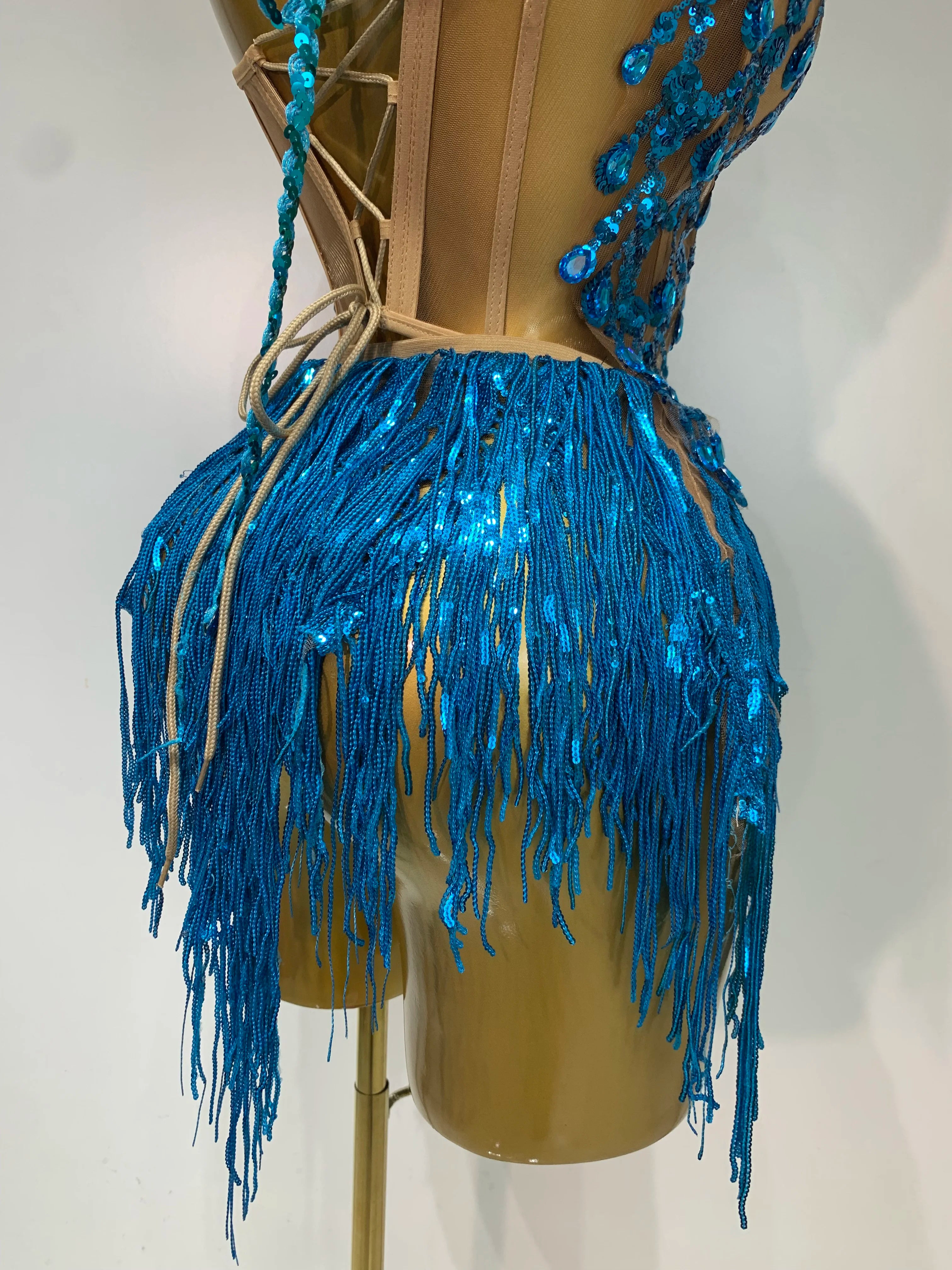 Women Sexy Shinning Rhinestone Tassels Two Pieces Set Nightclub Evening Party Birthday Bar Dancer Performance Stage Costume