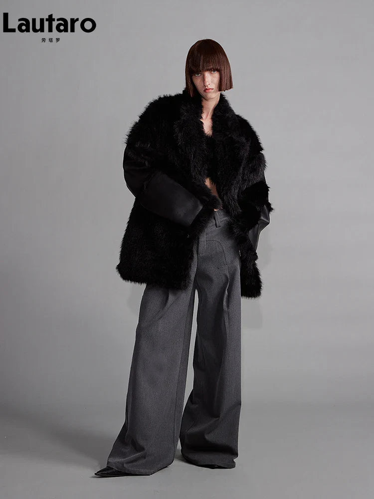 Autumn Winter Cool Loose Black Thick Warm Soft Hairy Faux Sheepskin Coat Women Luxury Designer Clothes Fluffy Jacket