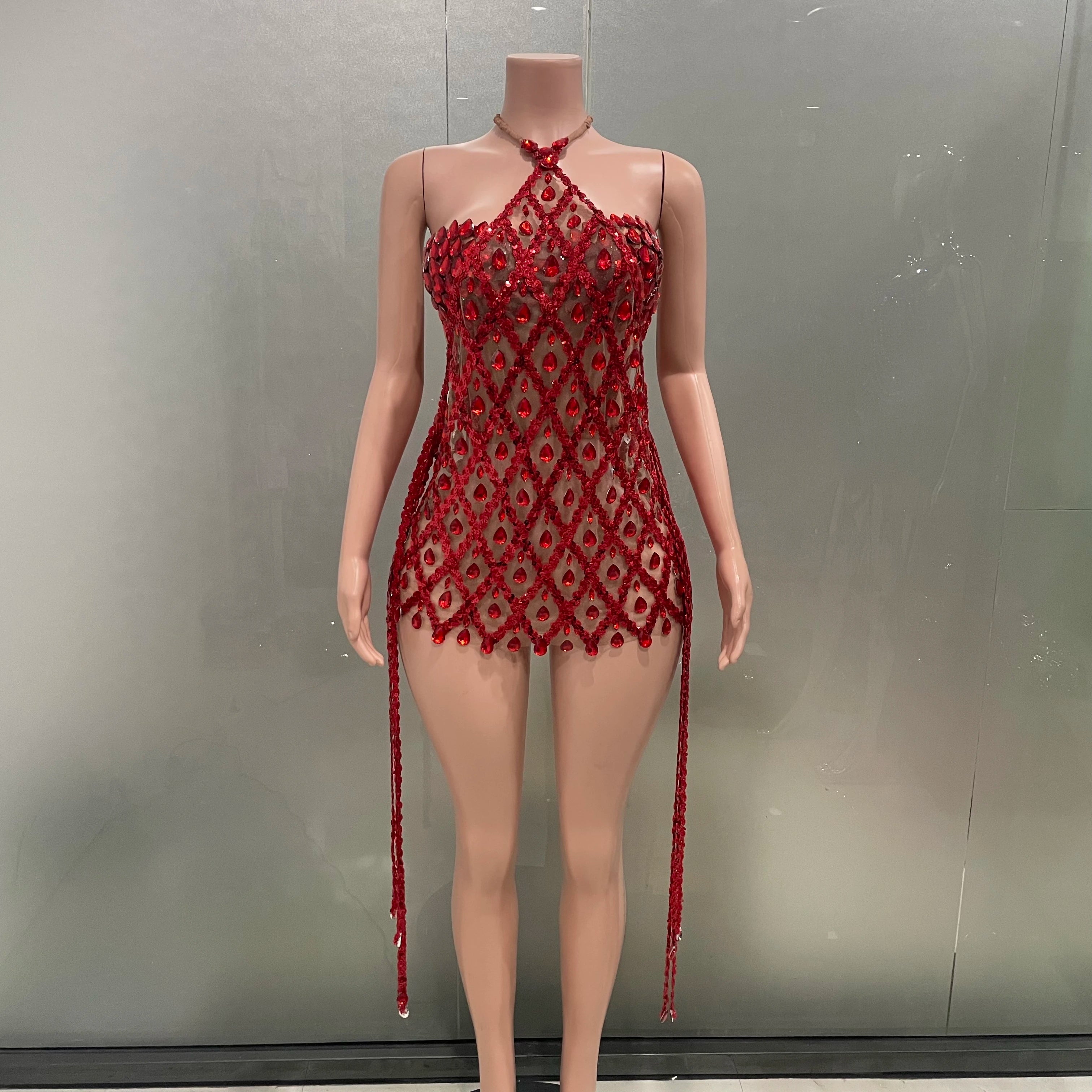 Blue Sequins Shining Diamonds Long Tassel Sleeveless Mini Dress 2 Pieces Birthday Party Outfit Performances Costume Red