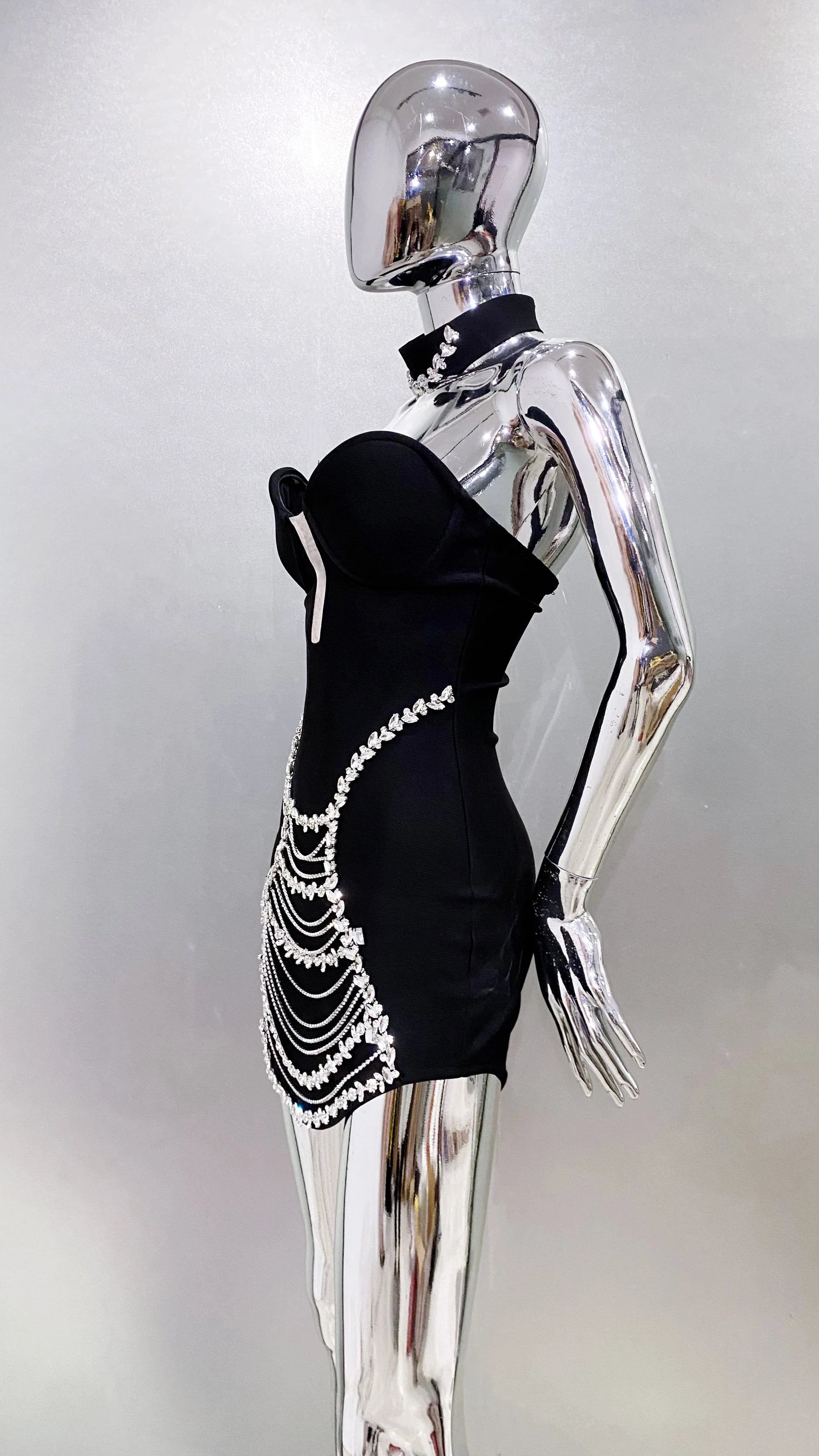 New Stylish Necklace Shining Diamonds Strapless Black Bandage Mini Dress Fashion Woman Party Vestido Celebrity Birthday Outfit