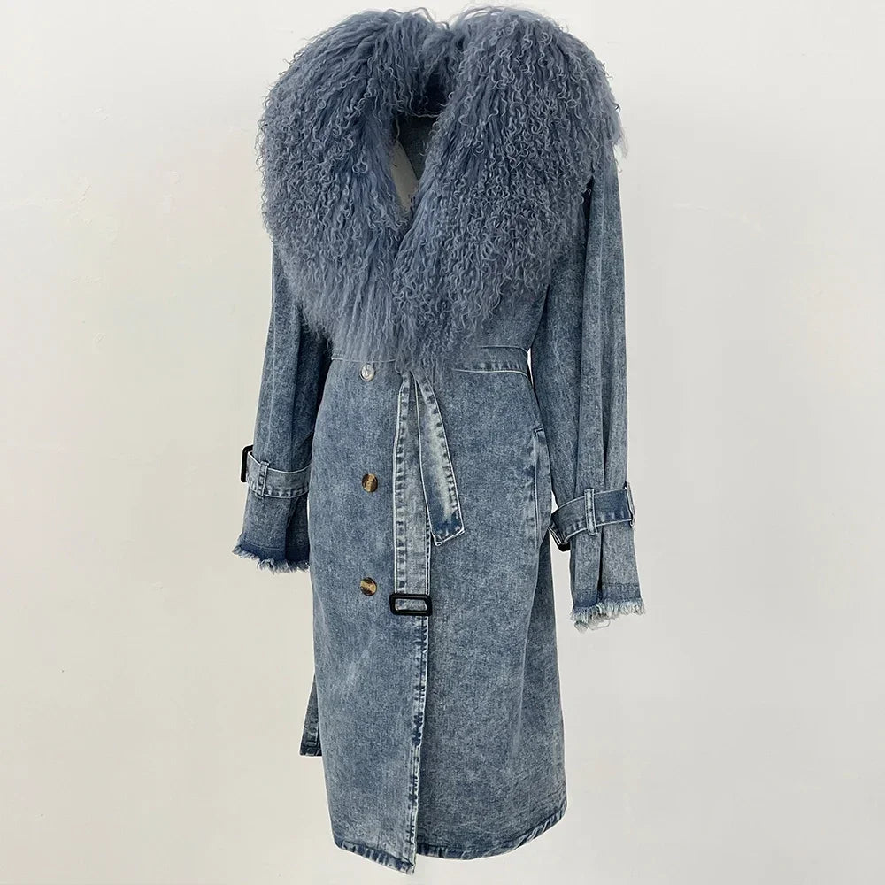 Fur Coats Woman Long Sleeve Tops for Woman Korean Dongdaemun High Quality Clothing Long Viking Woman Real Fur Coats Woman 2025 denim big fur