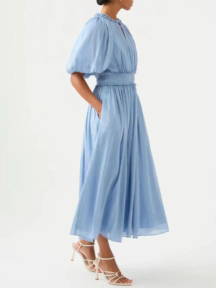 VGH Tie Dye Slim Dress Female Stand Collar Puff Half Sleeve High Waist Spliced Ruffles A Line Long Dresses Female Summer Clothes