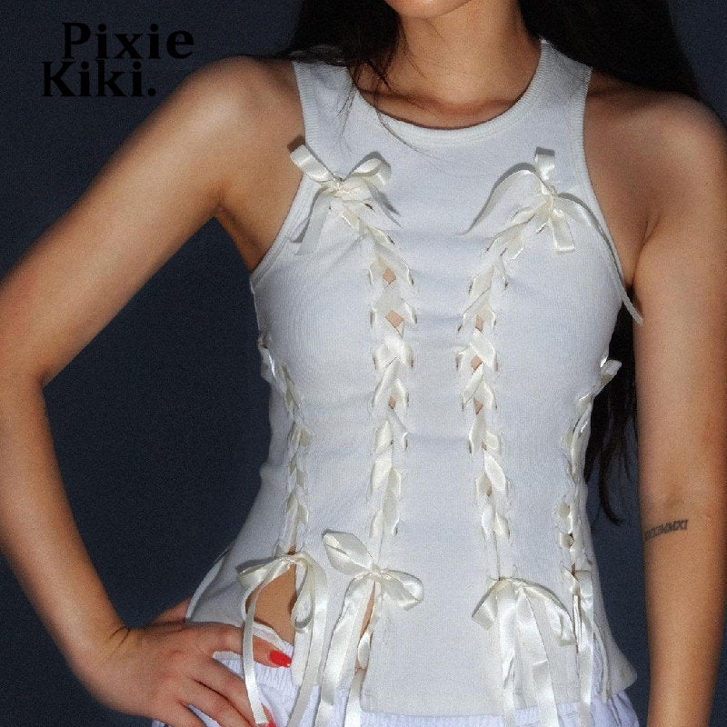 PixieKiki Y2k Fairy Aesthetic Bow Lace Up Hollow Out Ribbed Crop Tops White Summer Sexy Tank Top for Women Summer 2024 P33-BC10