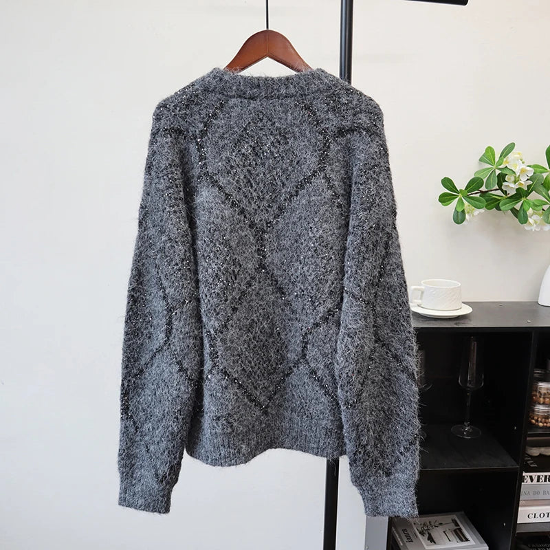 Autumn Winter New Sequin Design Round Neck Knitted Cardigan For Women Loose Casual Sweater Coat Female 11A07625