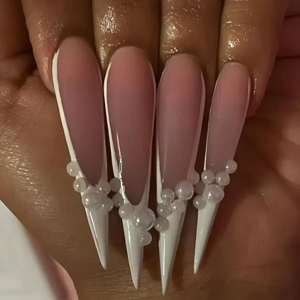 24Pcs French False Nails With Purple Edge Almond Bow Flower Design Detachable Acrylic Fake Nails Long Stiletto Press On Nails 5
