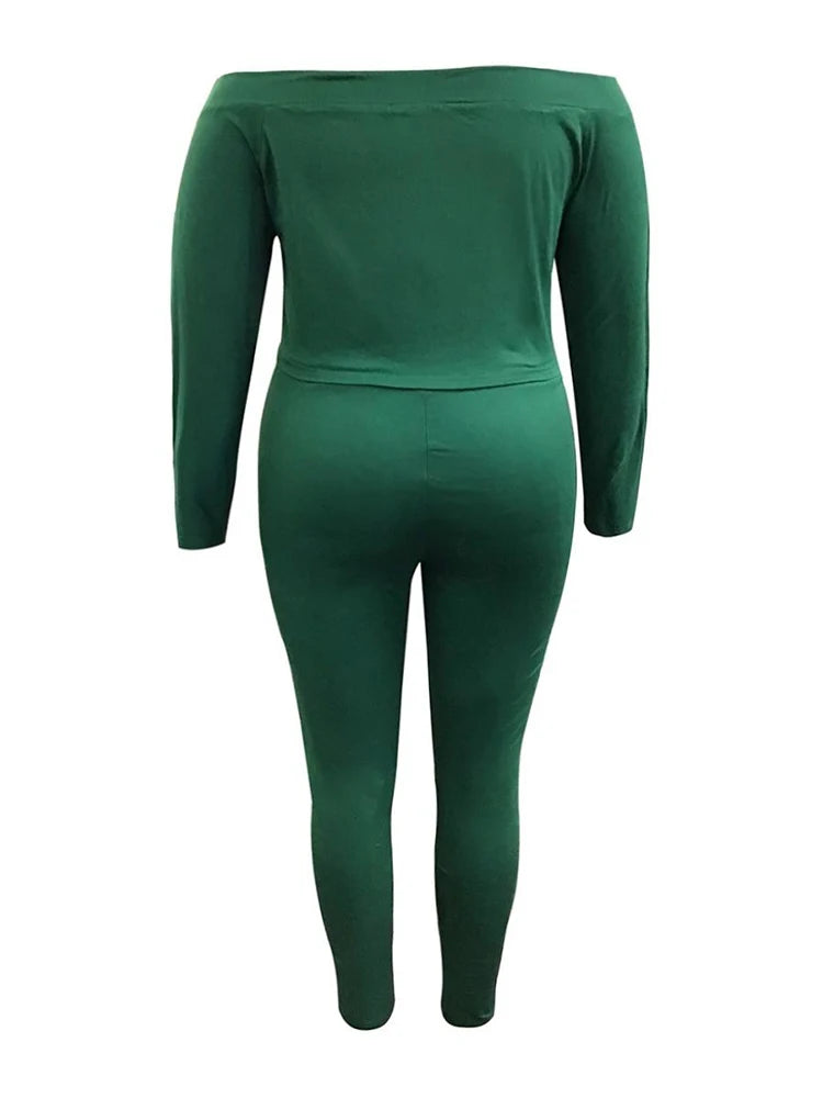 LW Women's Plus Size Pants Set 2025 Spring Sexy Long Sleeve Off Shoulder T-shirts Casual Skinny Pant Sets Women 2 Piece Outfits