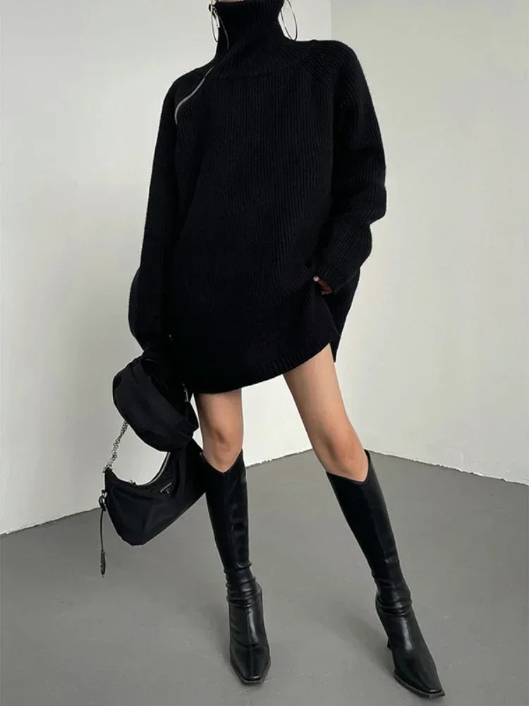 Women's Turtleneck Zipper Oversize Fashion Women Sweaters Autumn Knitwears Loose Thick Warm High Neck Solid Pullovers Women