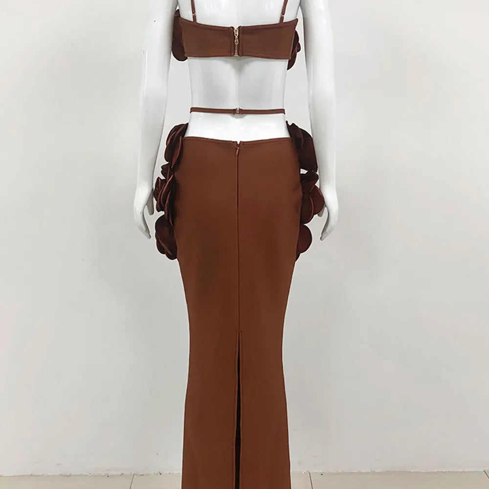 Sexy Women'S Three-Dimensional Flower Bandage Long Dress Set Spaghetti Strap Sleeveless Ultra Short Vest + Skirt Two-Piece Set