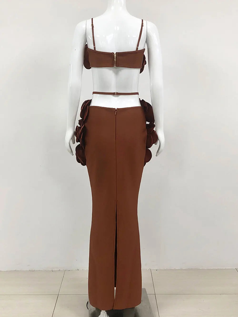 Sexy Women'S Three-Dimensional Flower Bandage Long Dress Set Spaghetti Strap Sleeveless Ultra Short Vest + Skirt Two-Piece Set