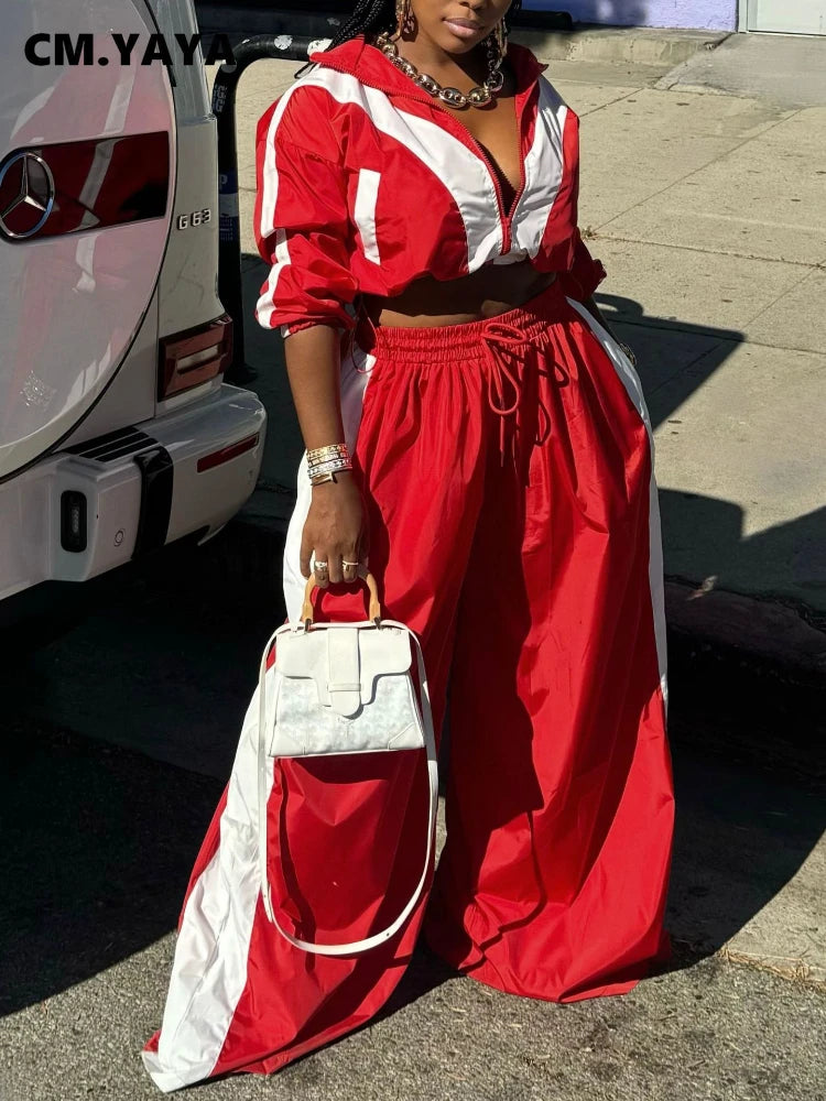CM.YAYA Active Patchwork Women's Set Zipper Sweatshirt Jacket and Wide Leg Pants Suit 2025 INS Two 2 Piece Sets Outfit Tracksuit