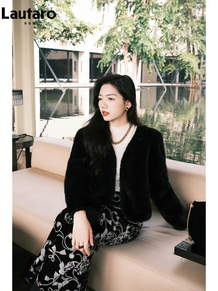 Autumn Winter Chic Luxury Soft Thick Warm Brown Faux Mink Fur Coat Women with Deep V Neck Long Sleeve Fluffy Jacket 2024