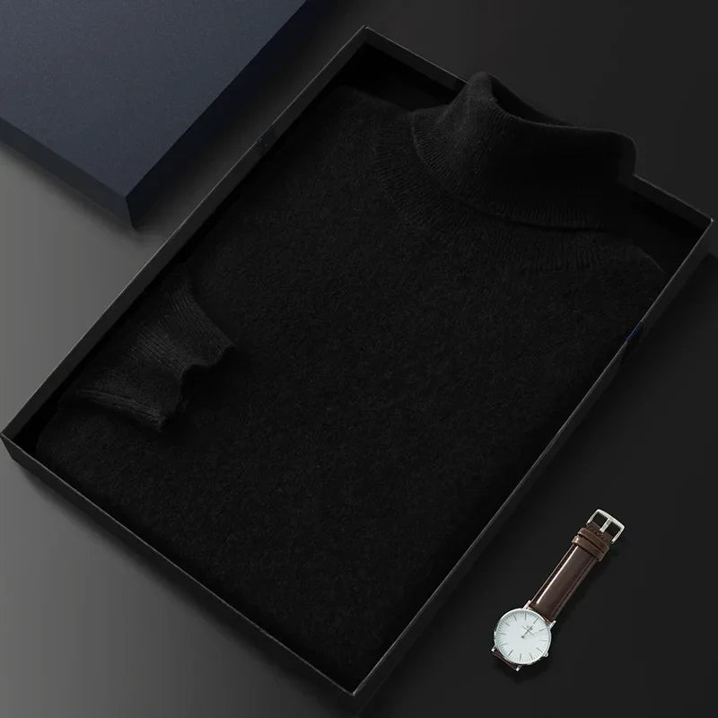Turtleneck Men Pullovers Autumn Winter Soft Light Warm Rolled Neck Jumper Jersey Pull Homme Knitted Sweater black