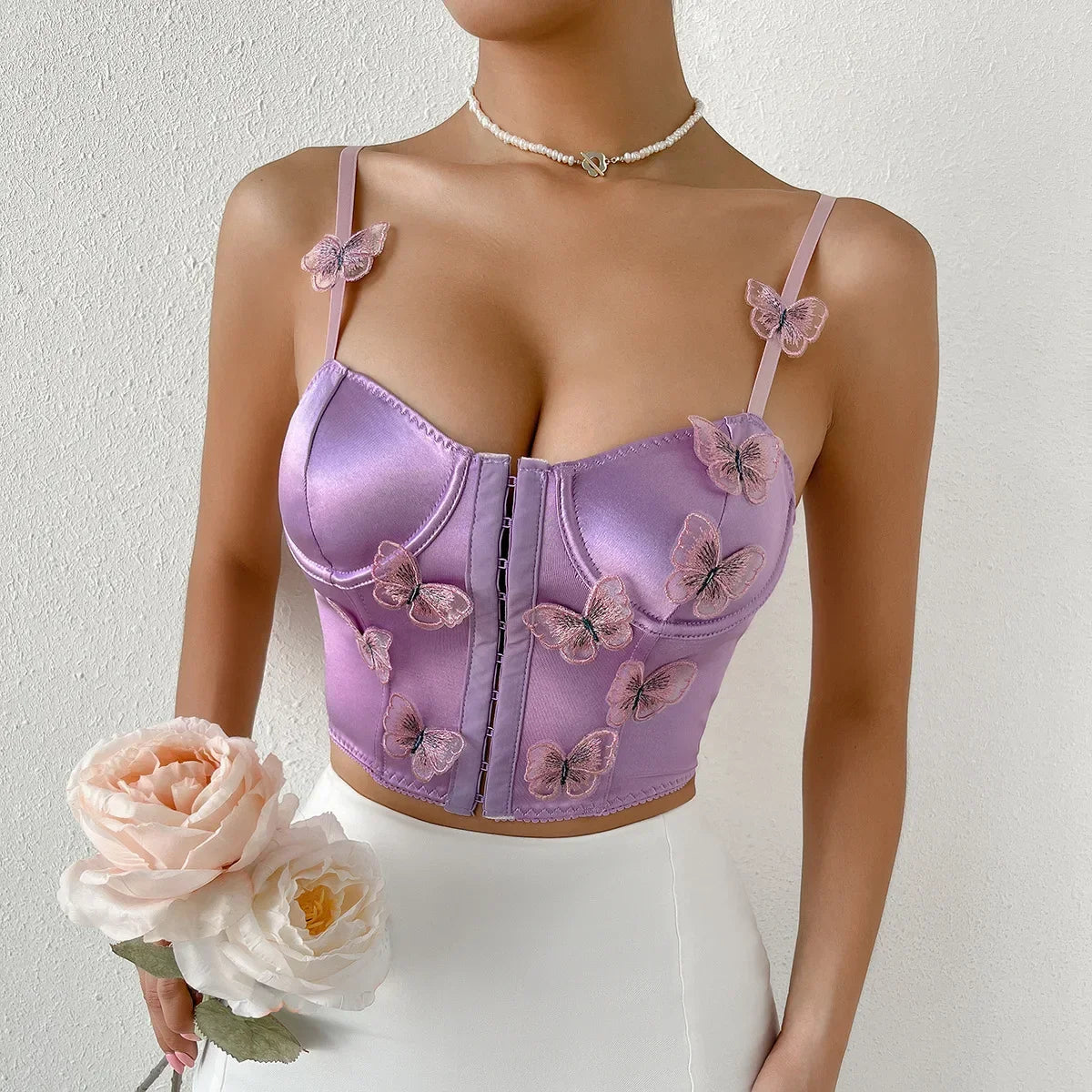 Women Summer Skinny Camisole Sexy Sleeveless Backless Bustier Chic Tops Female 3D Butterfly Decor Crop Tops Corset Tops