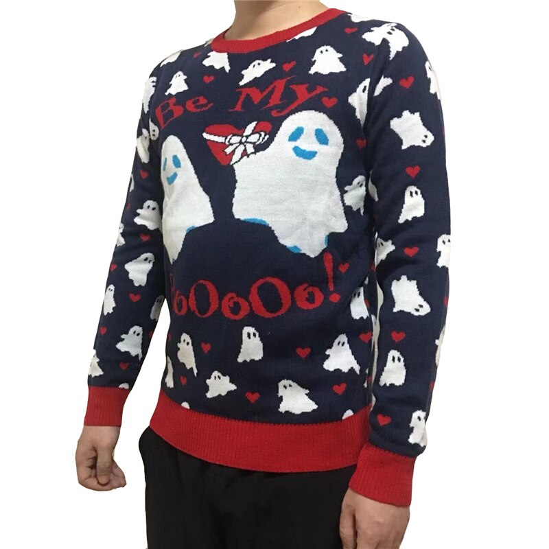 Pull d'Halloween unisexe en tricot mignon, motif Be My Boo Ghost, col rond, bleu marine, drôle pour hommes et femmes