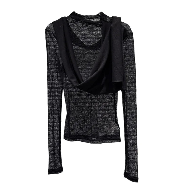 Winter New Niche Ribbon Scarf Design Long Sleeve Lace Shirts For Women Versatile O-neck Tops Female Trendy 11A07938