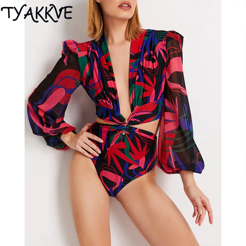 New Sexy One Piece Swimsuit Deep V Neck Swimwear Woman Monokini Long Sleeves Print Cut Bathing Suit Women Summer Beach Wear