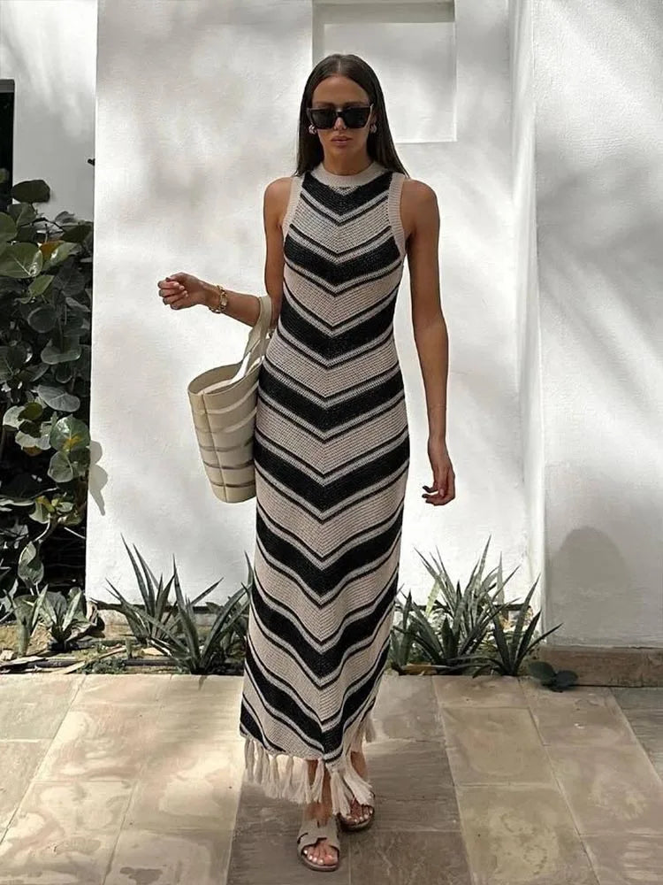 Summer Knitted Beach Dress Women Elegant Fashion Tassel Striped Long Dresses Summer Slim Bohemian Holiday Outfits Beachwear