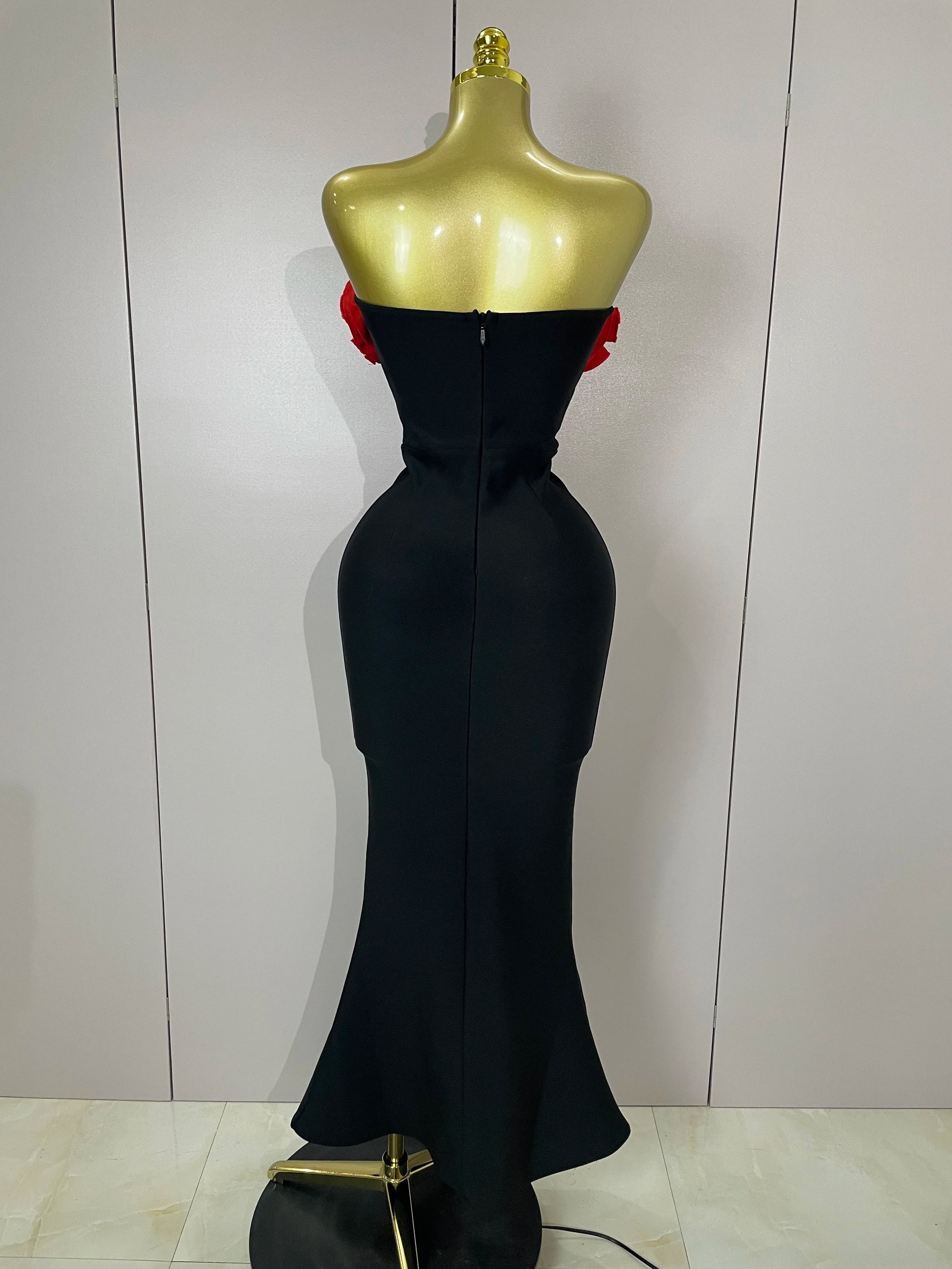 2025 black Off Shoulder Red Flower Bandage Long Dress Women Elegant Fshion Celebrity Party Dress