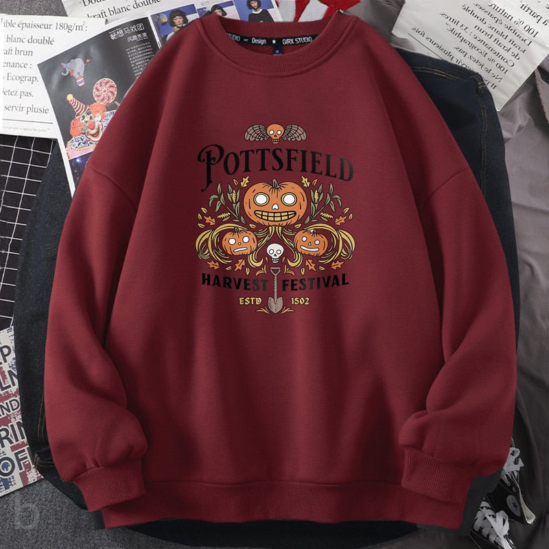 Pottsfield Harvest Festival Sweatshirts Woman Autumn Harvest Vegetables Fall Graphic Hoodie Pullover Halloween Goth Clothing Maroon