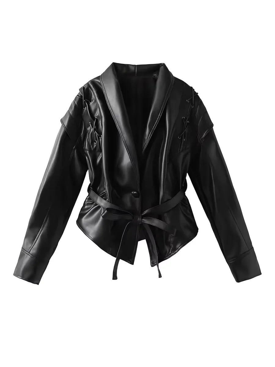 Lautaro Spring Distressed Brown Short Asymmetrical Pu Leather Jacket Blazer Women Retro Vintage Fashion Luxury Designer Clothes Black