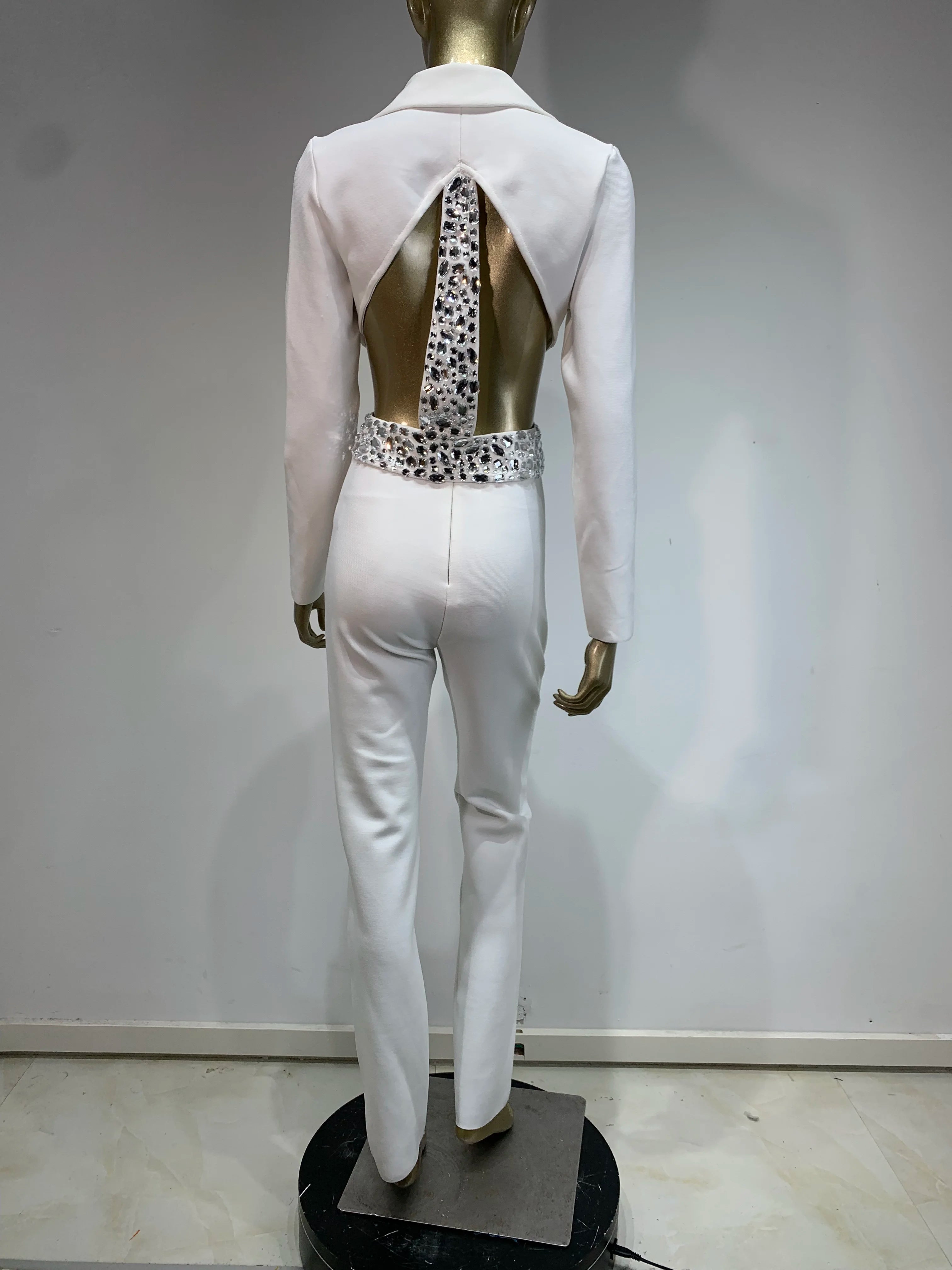 Women Winter Sexy Long Sleeve Beading Black White Two Pieces Pants Bandage Set 2025 Celebrity Designer Fashion Women's Set