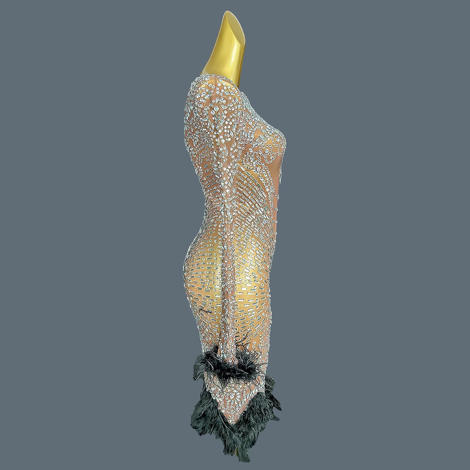 Women's High-end Clothing Dinner Party Sparkly Rhinestone Evening Dress Mesh Feather Dress Bodycon Club Prom Maxi Dress Pangxie