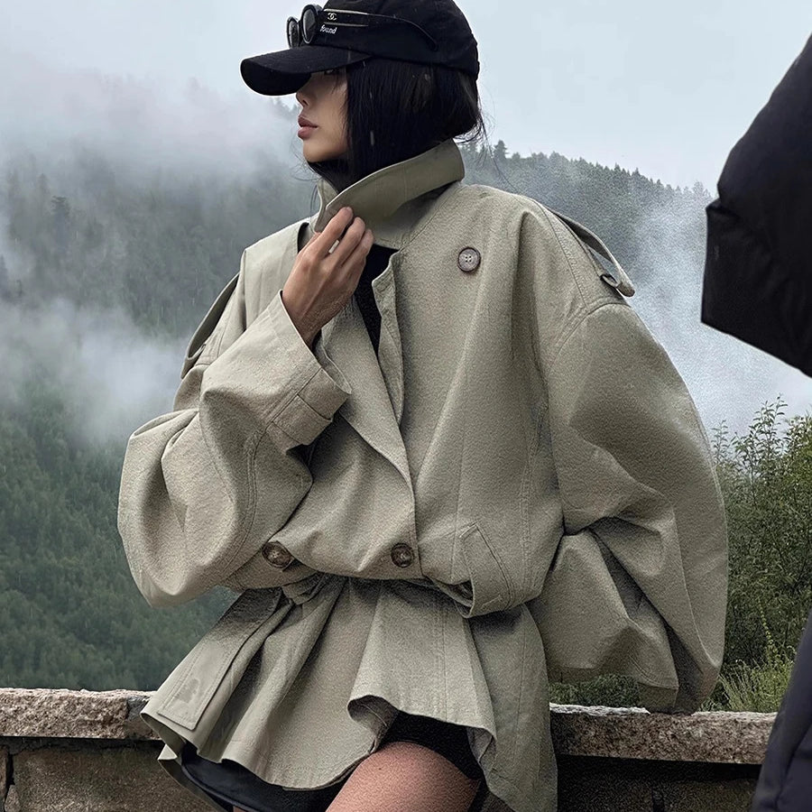 Lautaro Spring Autumn Oversized Trench Coat for Women Double Breasted Loose Casual Flowy Korean Fashion Clothes Overcoat 2025