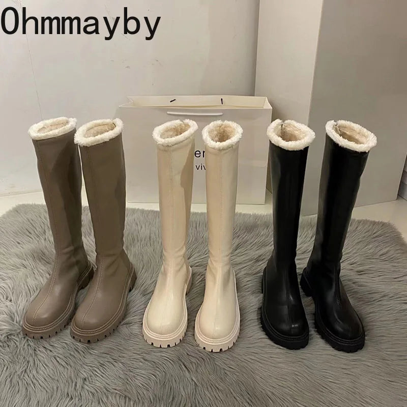 Winter Plush Women Knee High Boots Fashion Back Zippers Ladies Elegant Warm Cotton Long Booties Women's Footwear