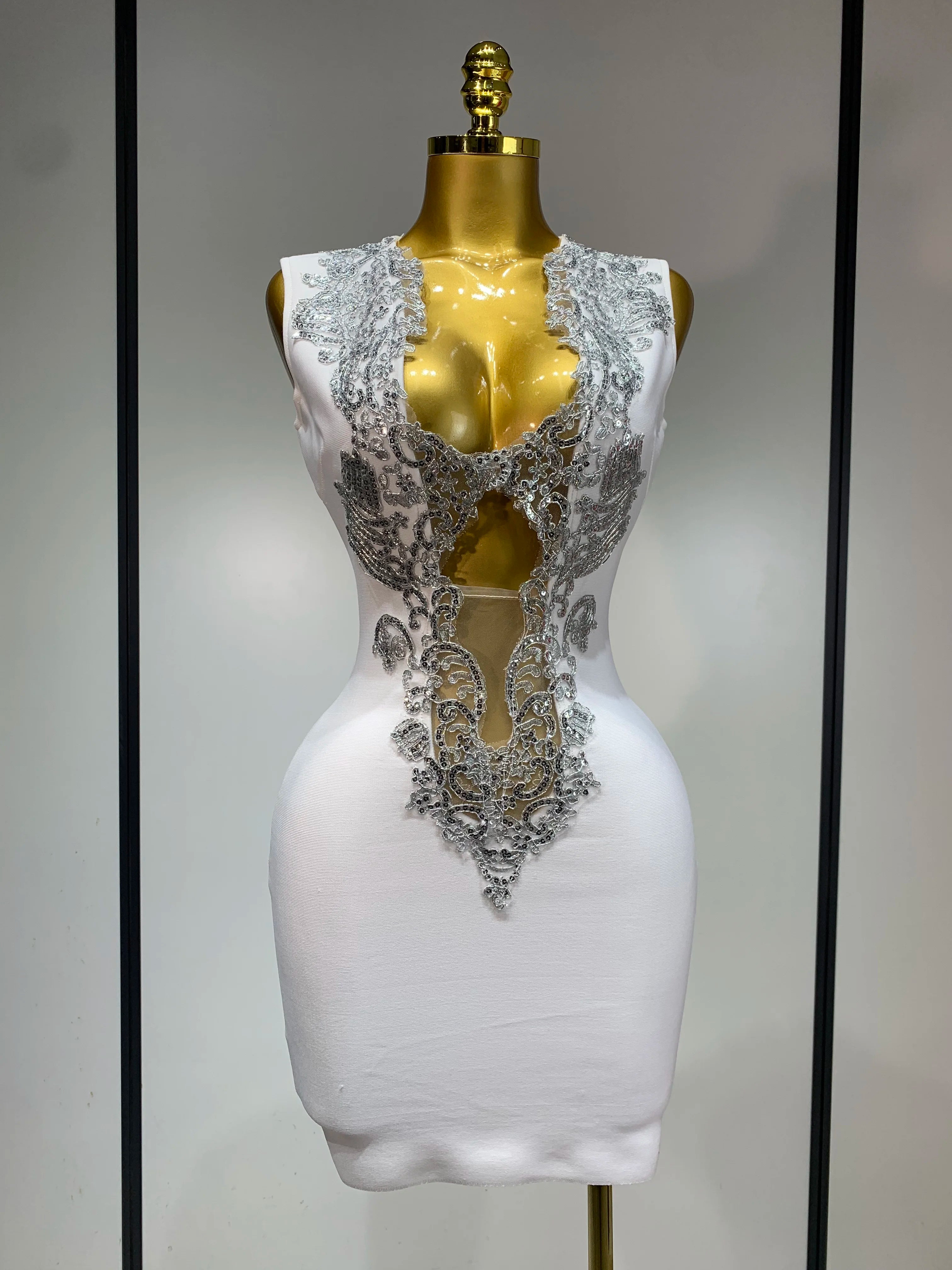 Women 2025 Sexy V Neck Cut Out Short Bandage Dress Silver Sequin White Elegant Luxury Birthday Party Club Wedding Vestidos WHITE