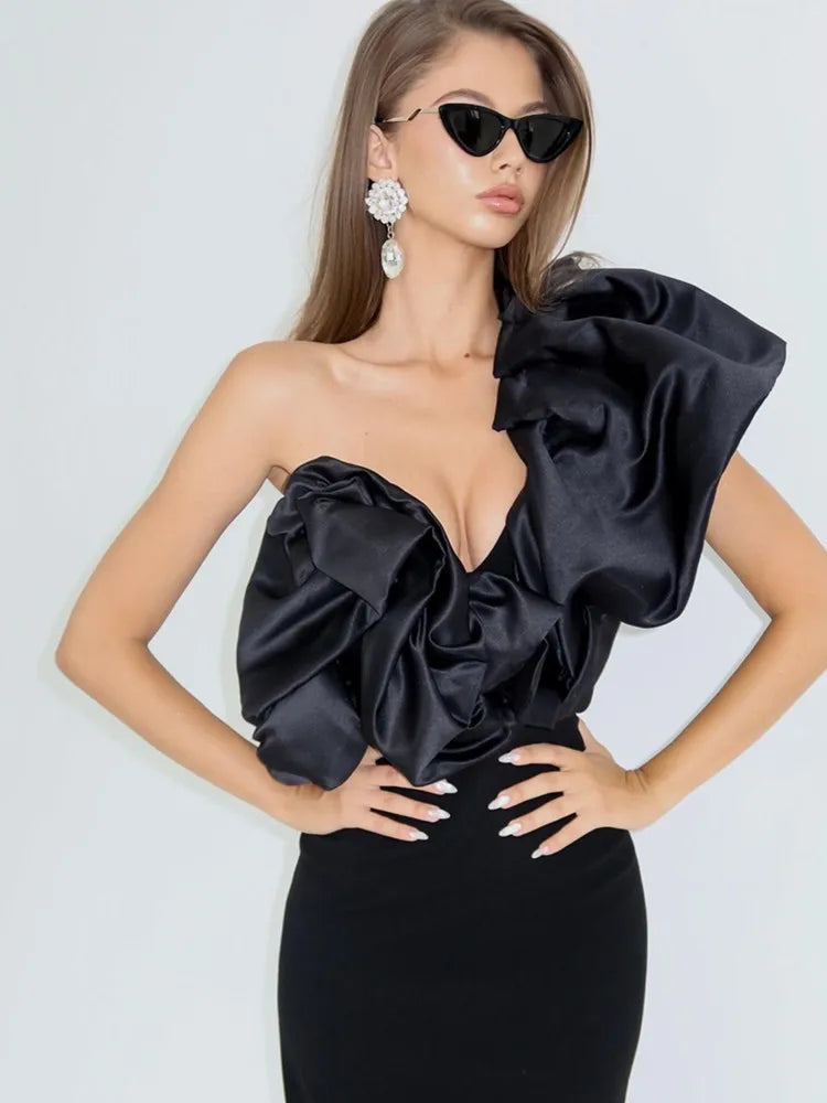 New Women Sexy One Shoulder Ruffles Black Maxi Long Bodycon Bandage Dress 2024 Elegant Evening Club Party Dress