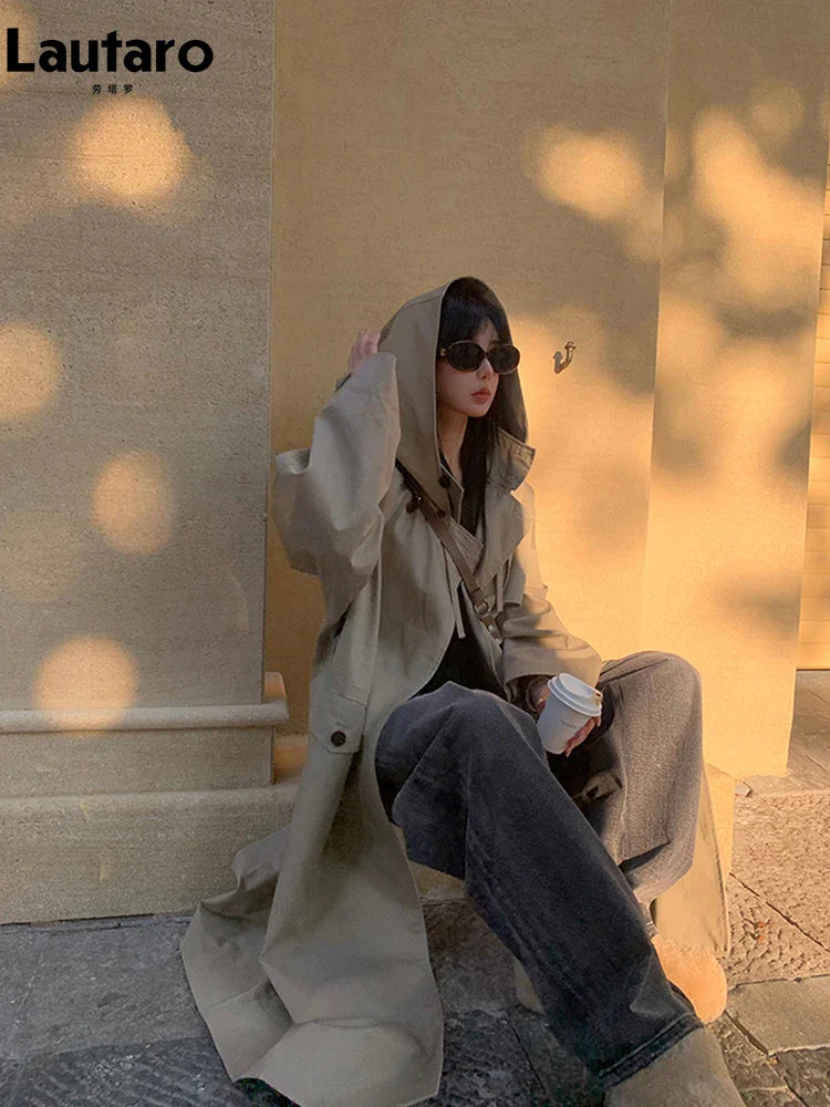 Spring Autumn Long Oversized Light Khaki Trench Coat for Women with Hood Double Breasted Loose Casual Overcoat 2024