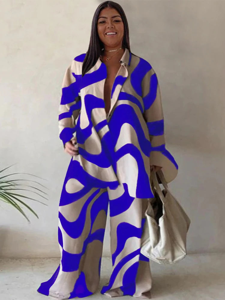 2 Piece Sets Outfits Loose T-shirt Long Pants Casual Elegant Woman Sets Female Fashion Suits Plus Size Dropshipping Wholesale Blue