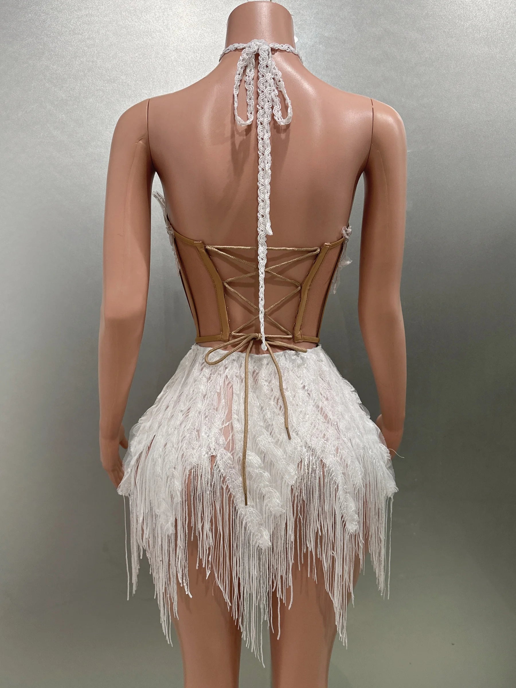 Shinning Sequins Tassels Sexy Halter Off the Shoulder 2 Pieces Bodycon Mini Dress Fashion Nightclub Party Performance Costume