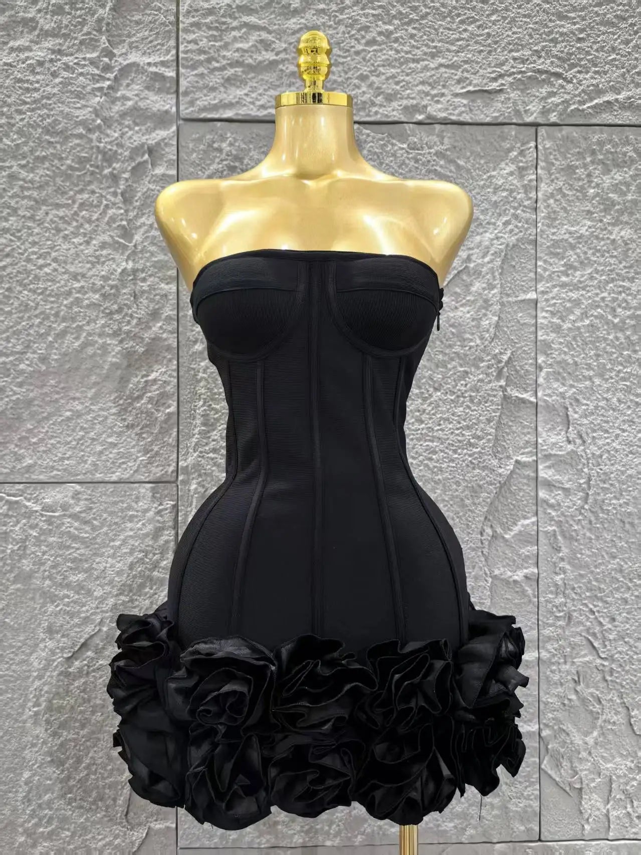 Black Color Women Sexy Strapless Florals Bodycon Mini Ball Gown Bandage Dress Celebrate Nightclub Party Bar Birthday Outfit