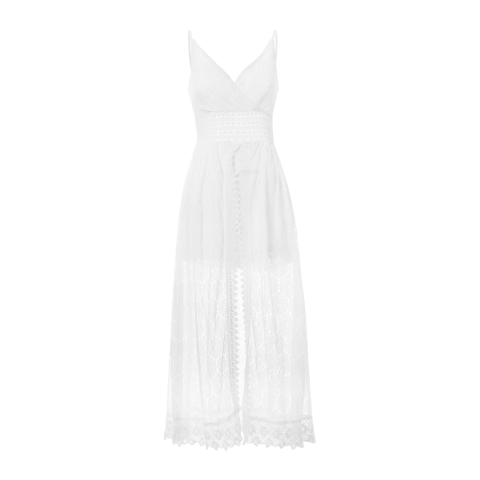 Summer V Neck Solid Color Lace Hollow-Out Sleeveless Sling Party Wear High Waist Rompers Holiday Casual White Women's Jumpsuit