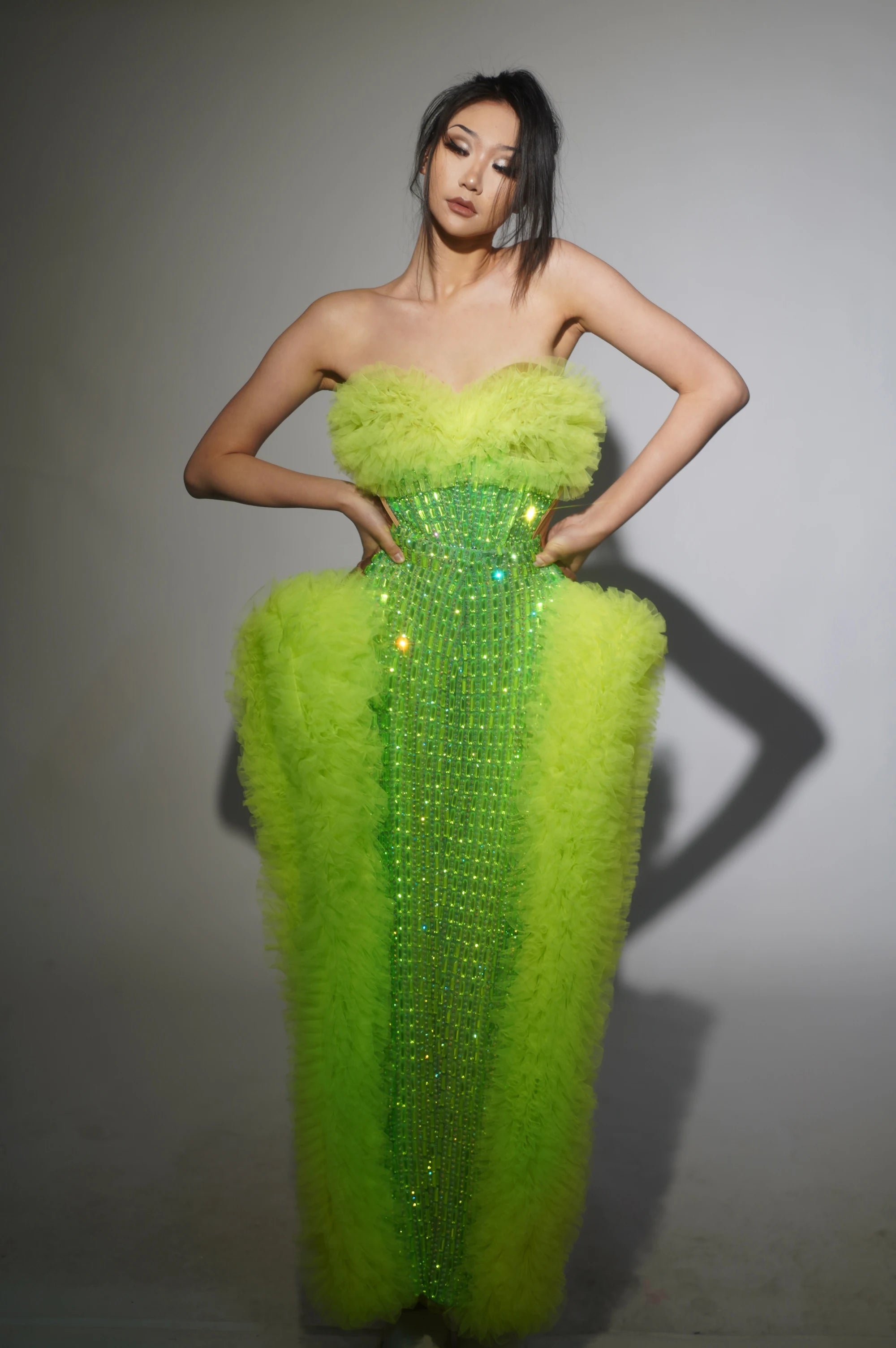 STOCK Women Sexy Mesh Ruffles 2 Pieces Laced-up Ball Gown Long Dress Fashion Nightclub Party Performance Costume Stage Wear Light Green