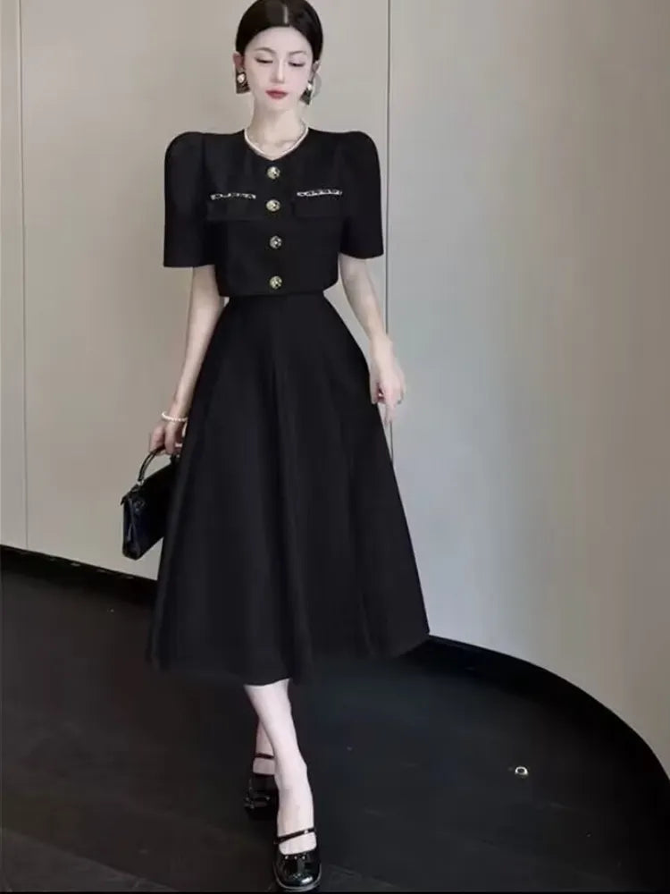 小さな香りの新しい夏のファッション韓国の甘いエレガントな 2 点セット女性コートトップ + ミディスカートスーツレディース 2 ピースセット