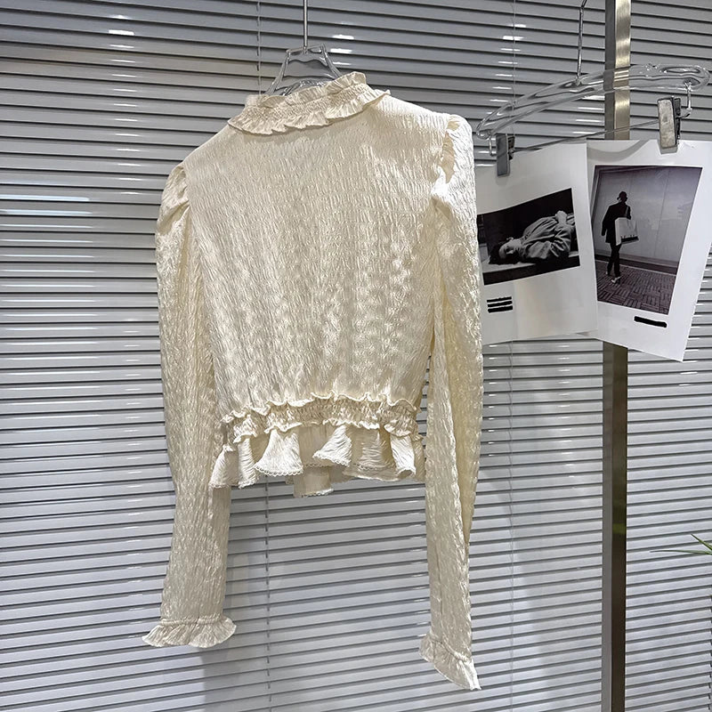 Winter New High-End Elegant Bowknot Pin Beaded Pleated Design Shirt For Women Versatile Blouse Female Trend 11A07851