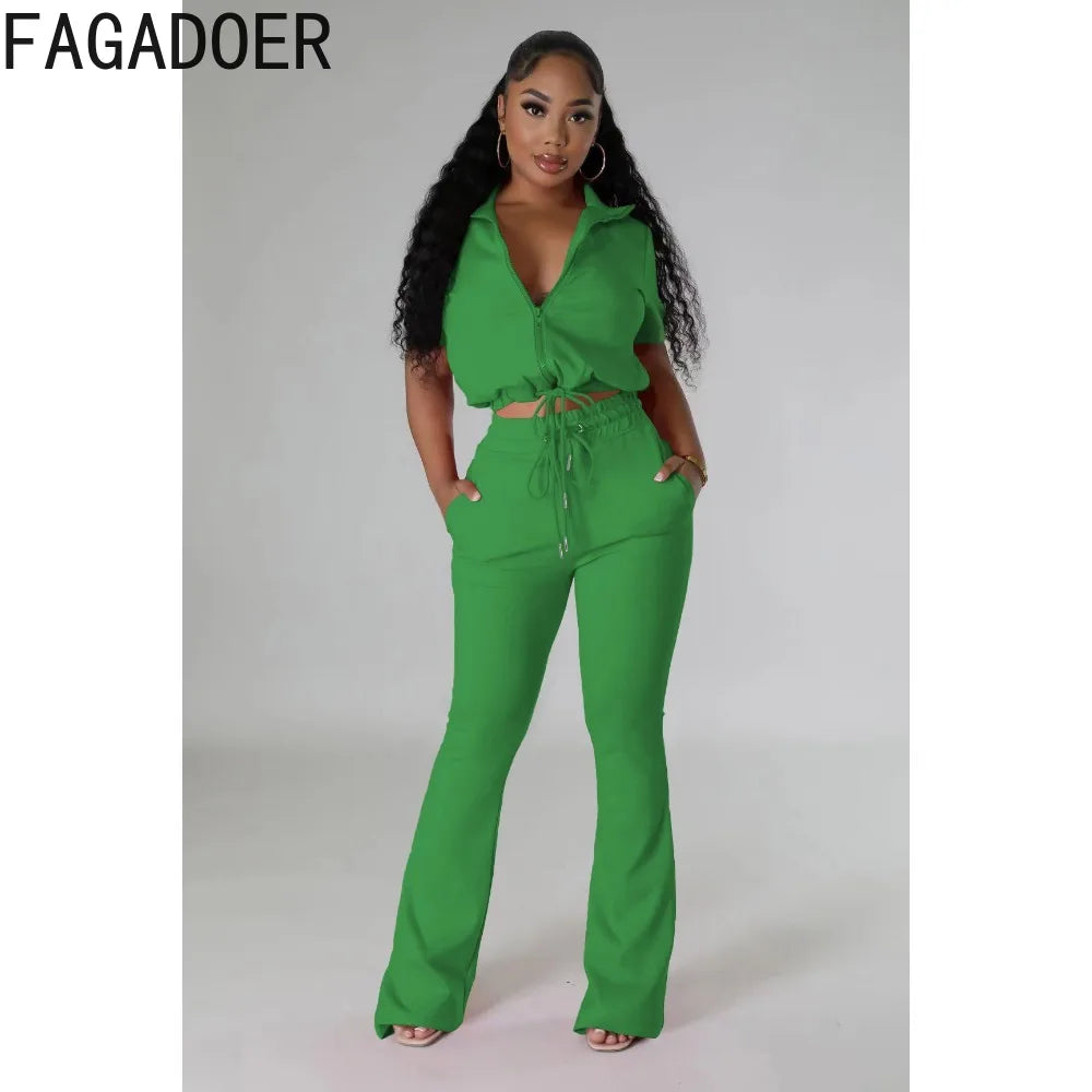 FAGADOER Fashion Solid Color Drawstring Flared Pants Two Piece Sets Women V Neck Short Sleeve Crop Top And Skinny Pants Outfits
